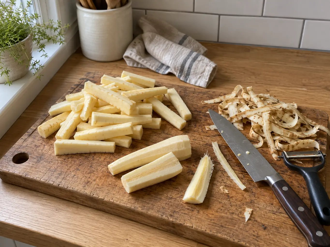 Parsnips peeled and cut into even batons, woody cores removed