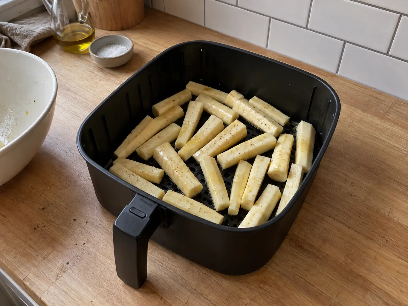 Parsnip batons in a single layer in the air fryer basket