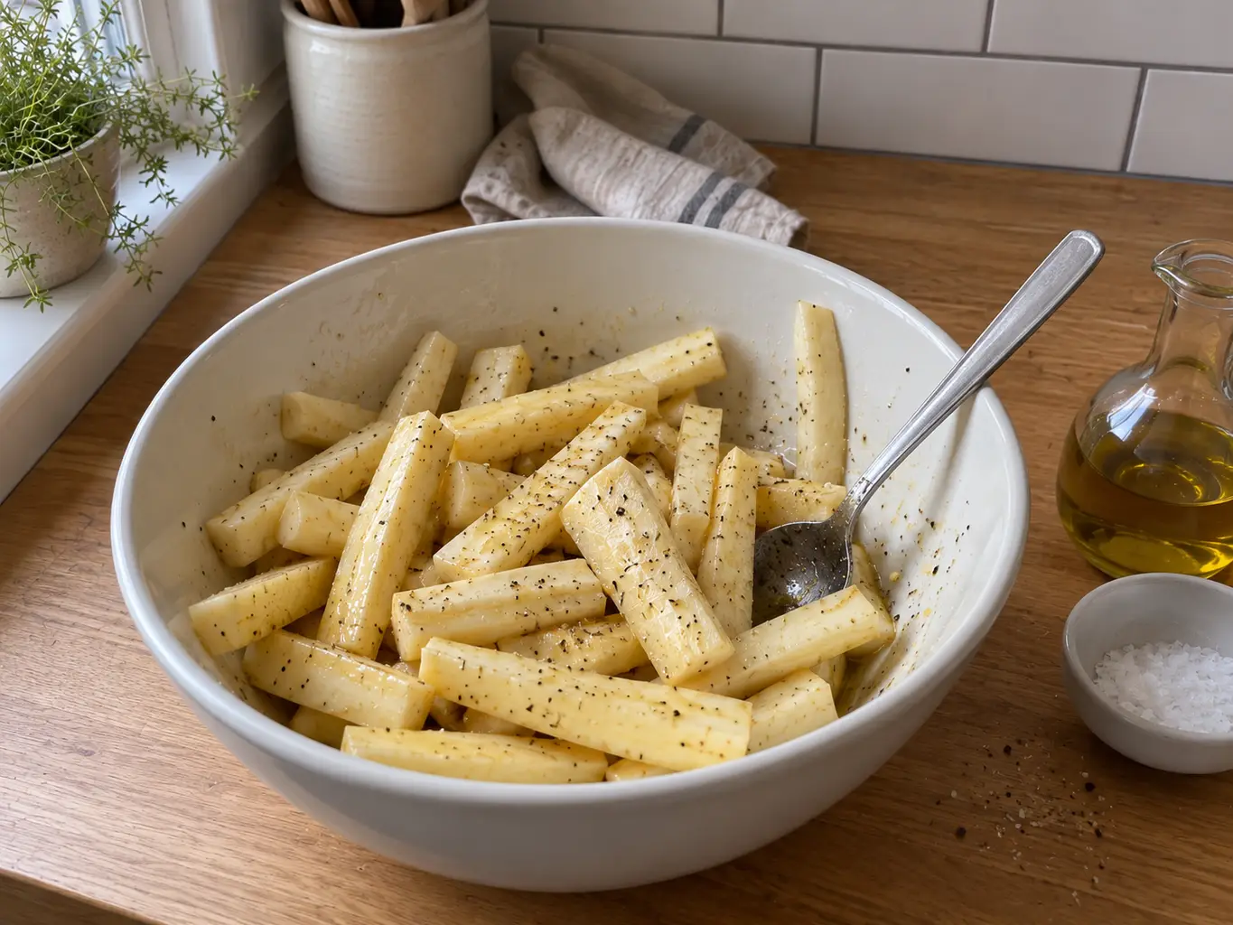 Parsnip batons tossed in oil, salt and pepper