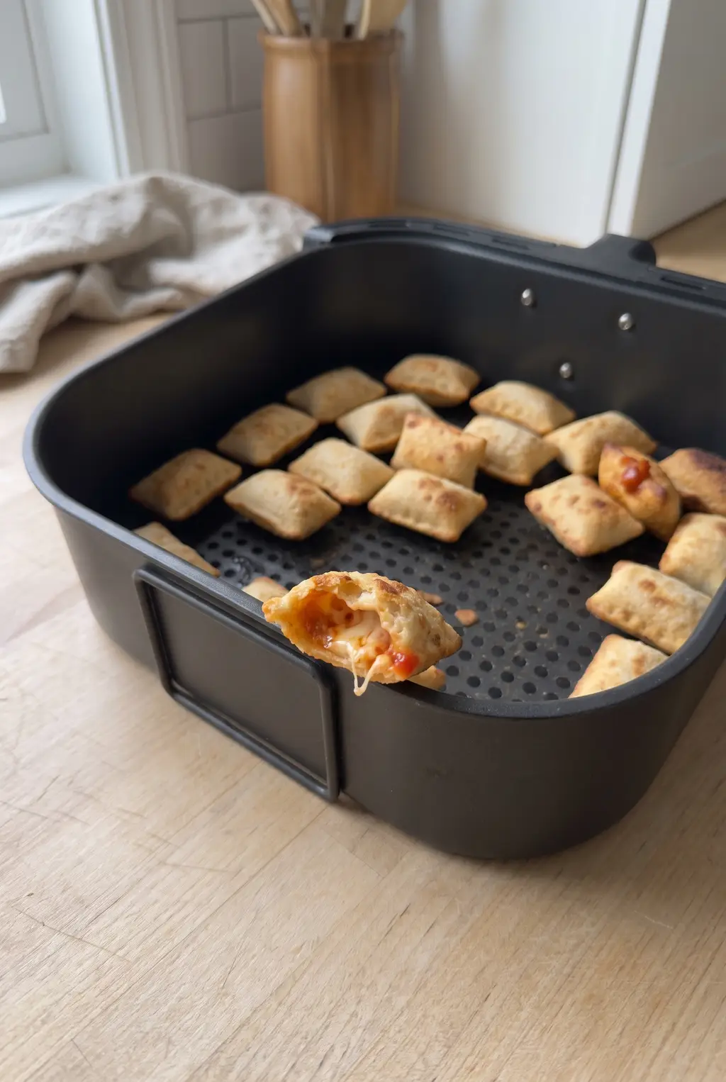 Close-up of a crispy air fryer pizza roll