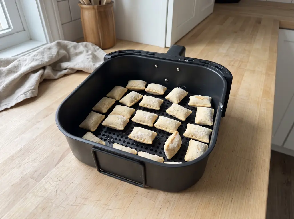 Frozen pizza rolls in a single layer in the air fryer basket
