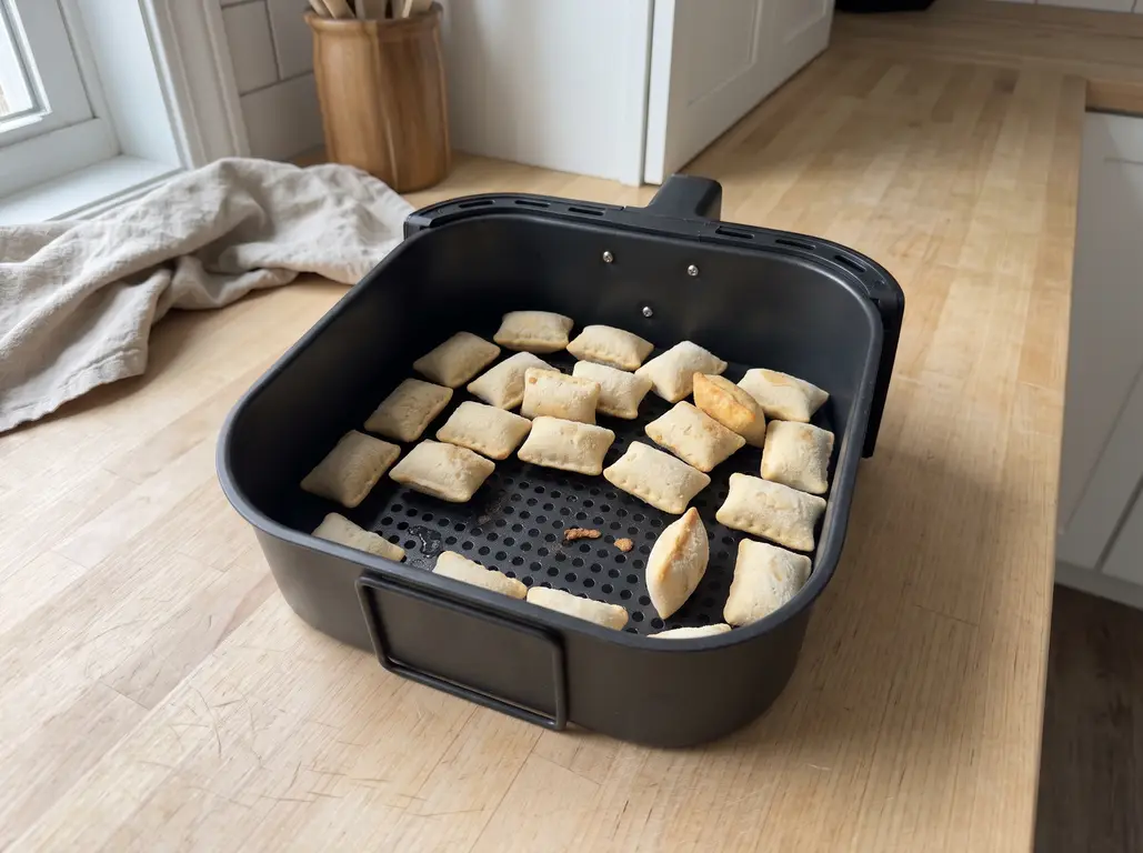 Shaking the pizza rolls in the basket at the halfway mark