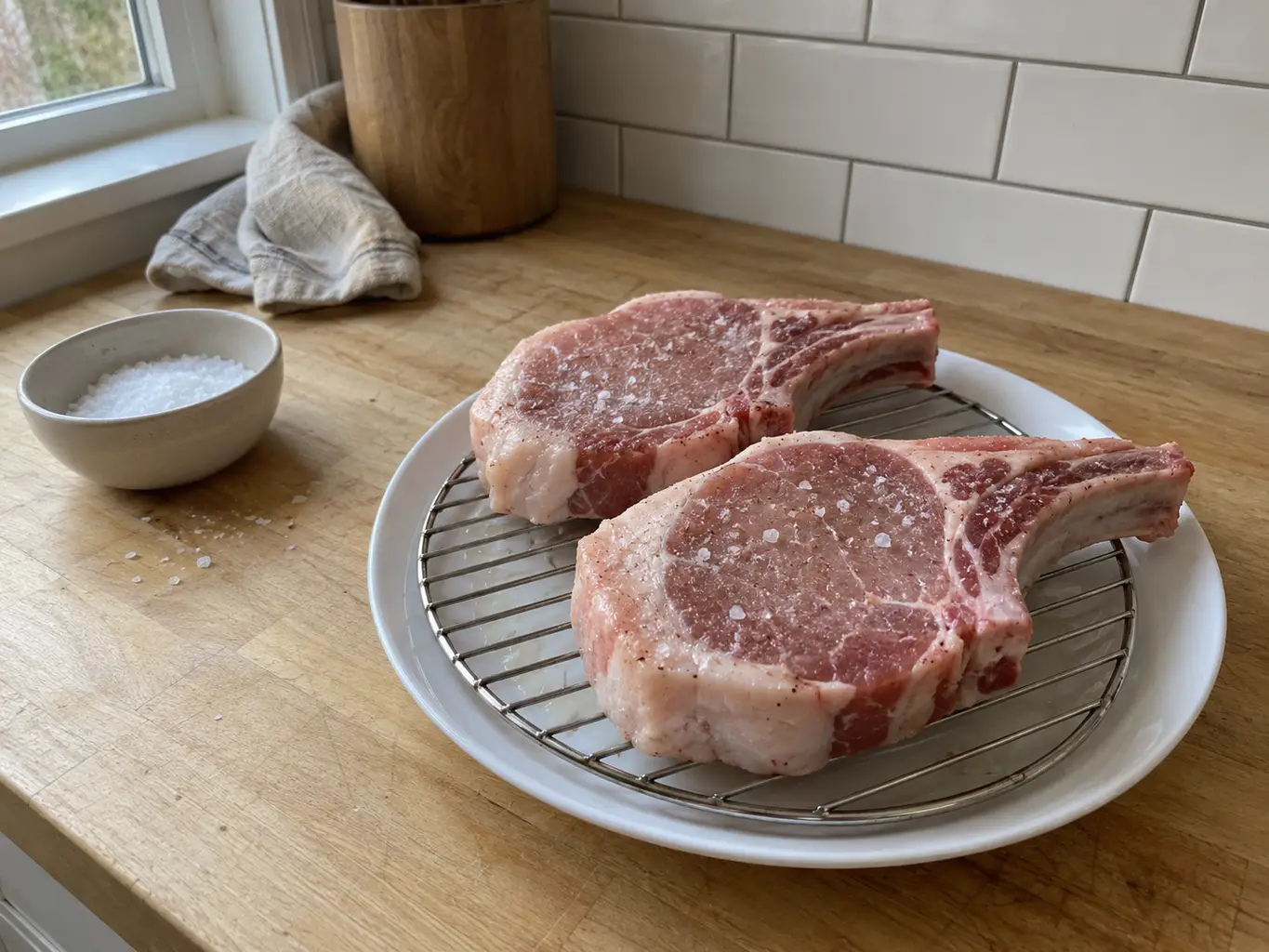 Bone-in pork chops dry brining with salt