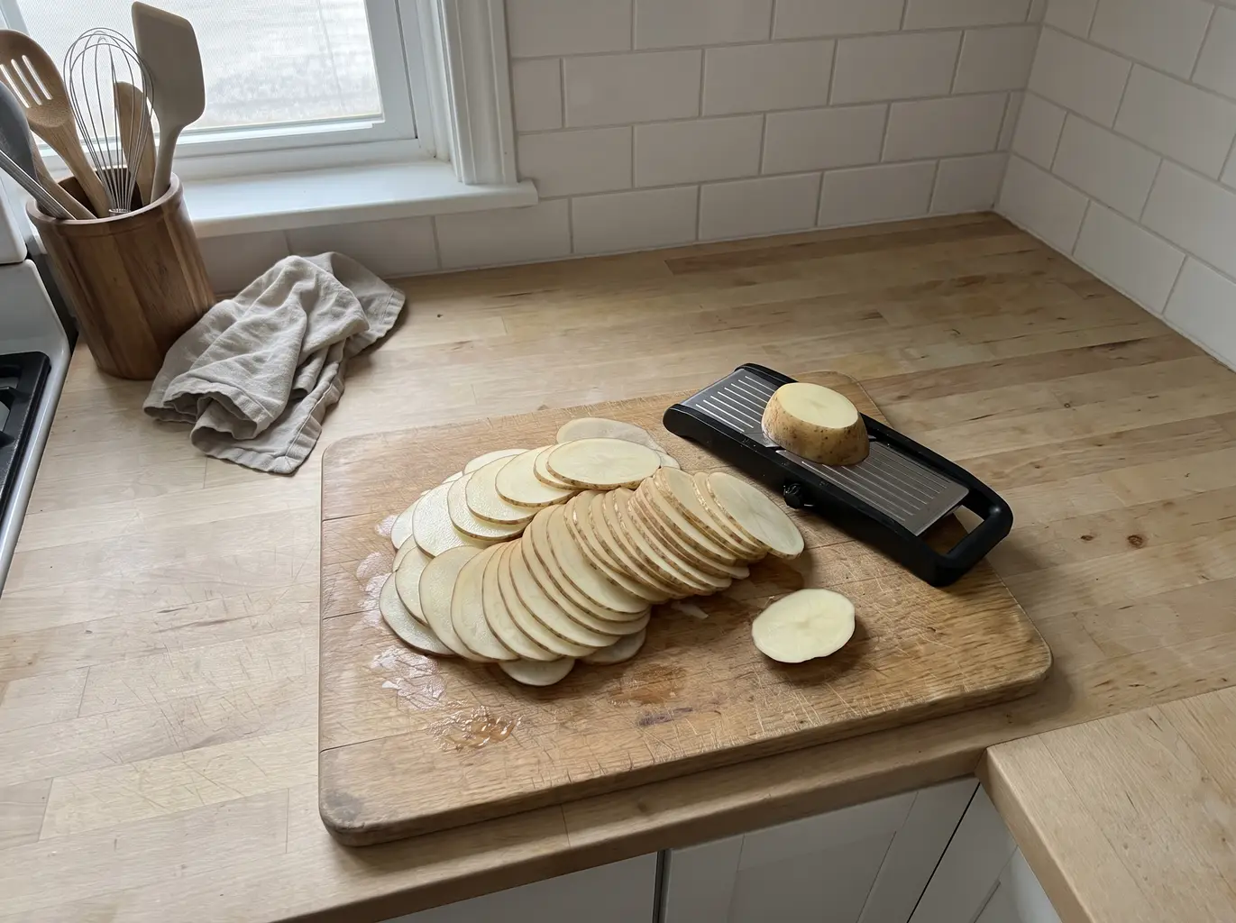 Potatoes sliced thin and even for scalloped potatoes