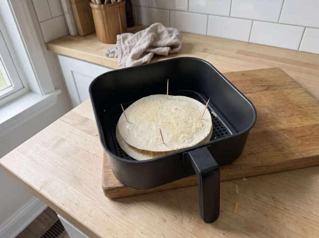 Quesadilla crisping in the air fryer basket