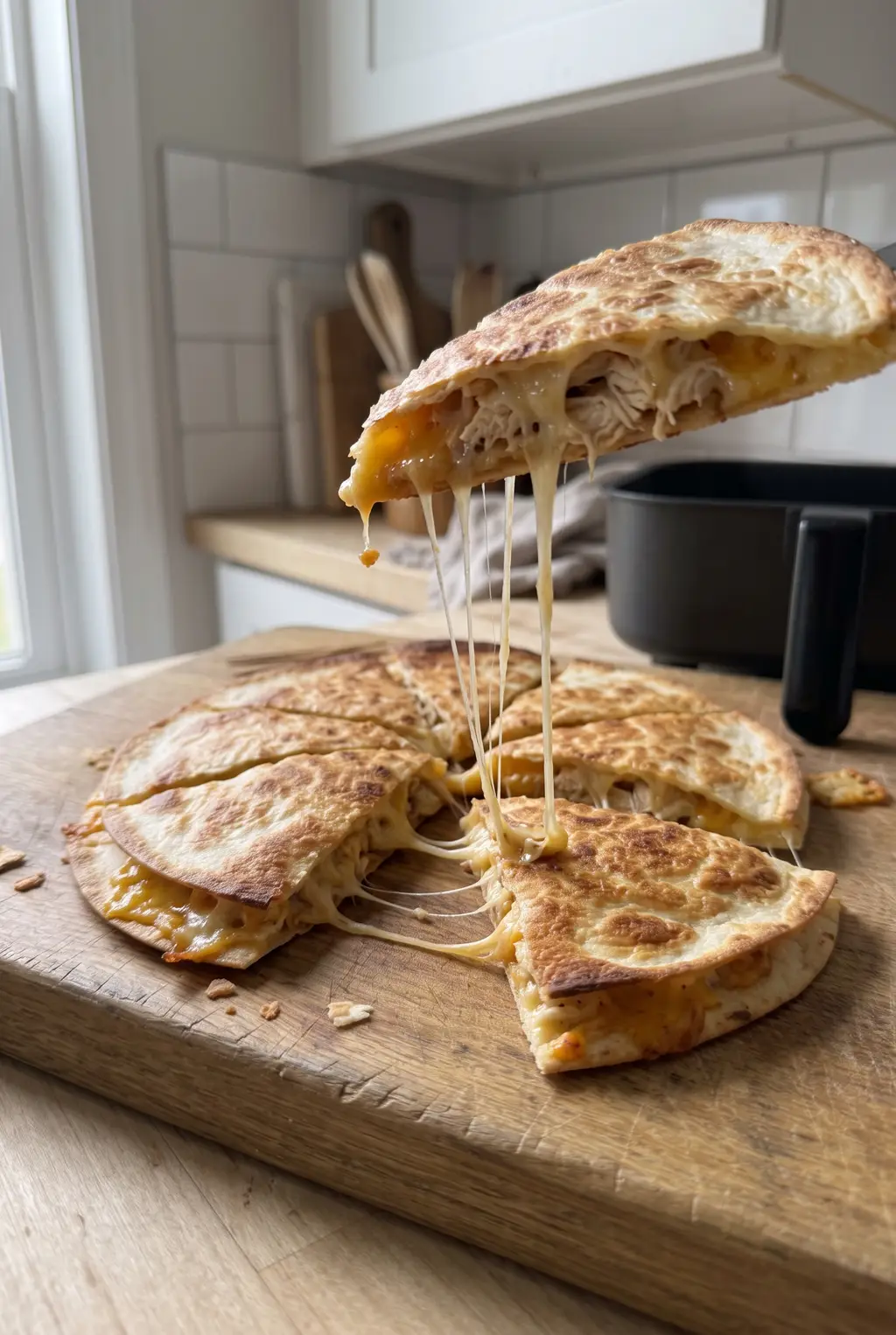 Cutting into the quesadilla with a cheese pull