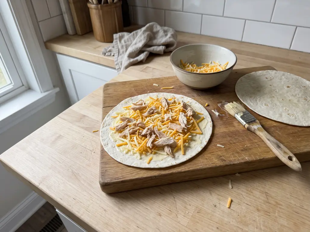 Tortilla filled with cheese, leaving a bare border