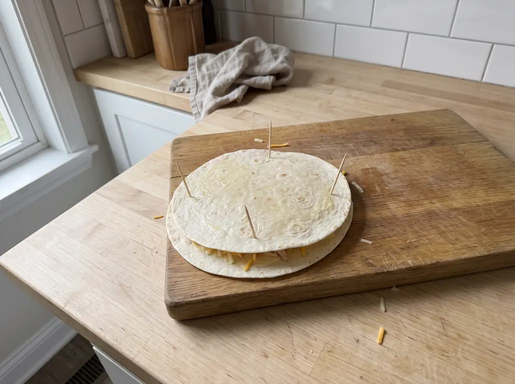 Quesadilla pinned shut with three toothpicks