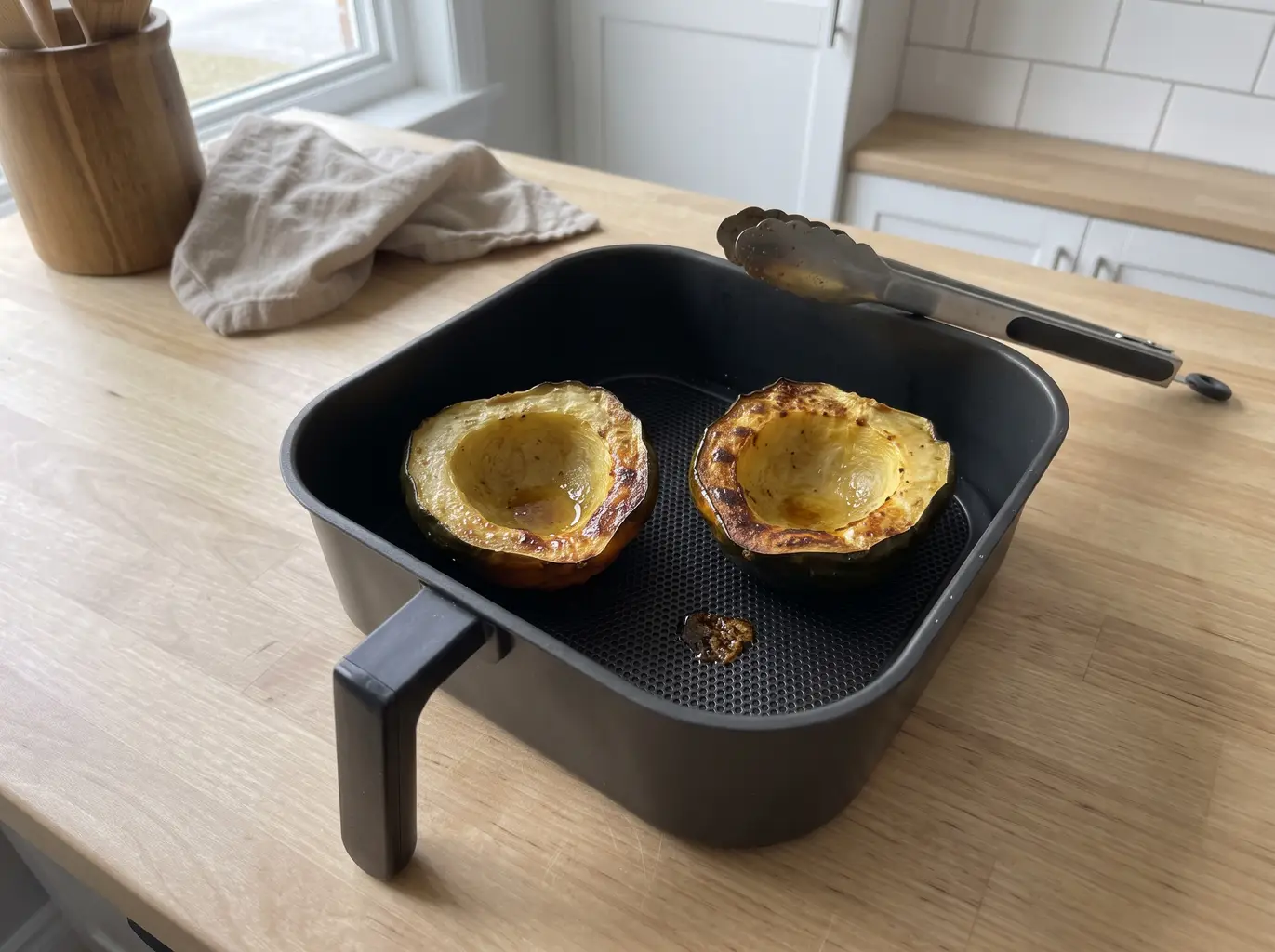 Roasted acorn squash halves flipped cut side up