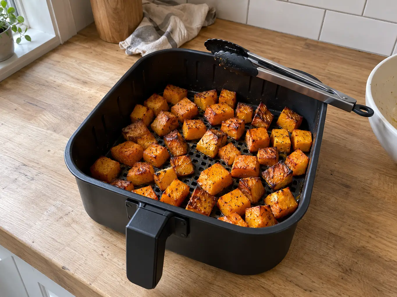 Caramelized butternut squash cubes in the air fryer basket