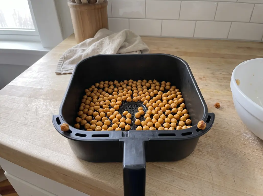 Deep golden roasted chickpeas in the basket