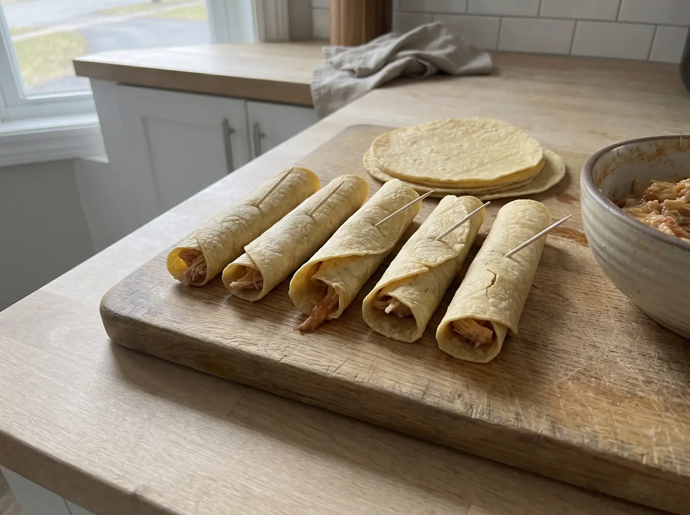 Rolled homemade taquitos ready for the air fryer