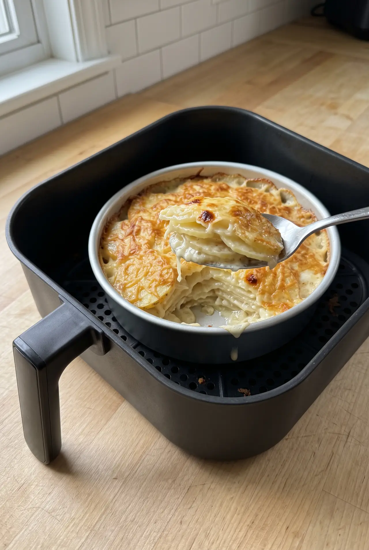 Close-up of creamy air fryer scalloped potatoes