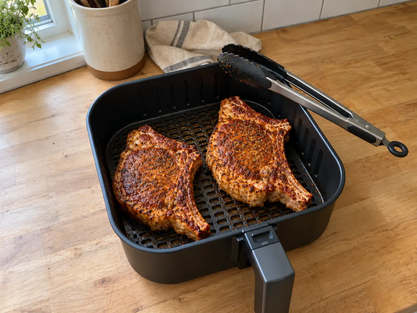 Seared bone-in pork chops in the air fryer basket