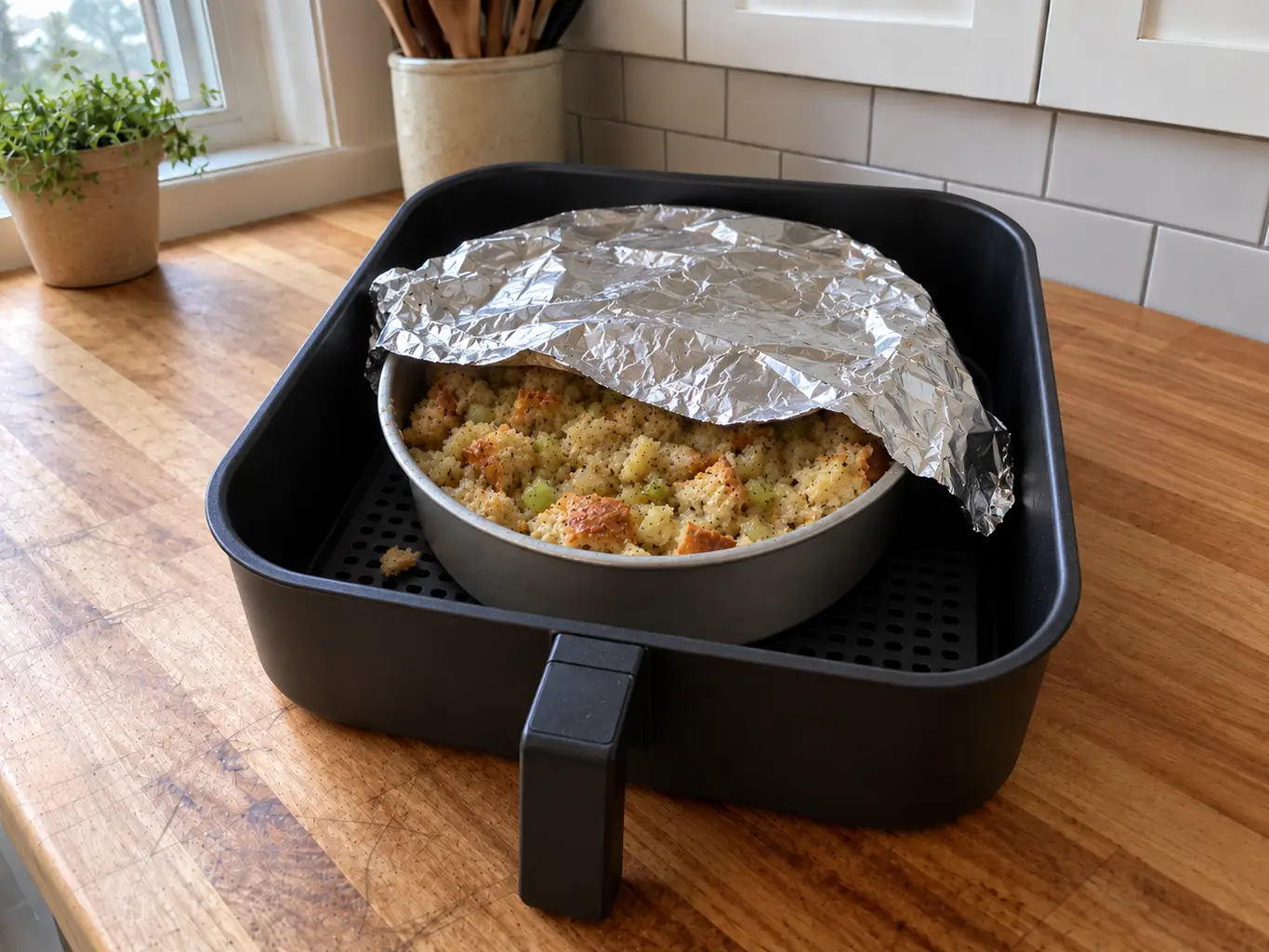Foil-covered stuffing pan in the air fryer basket