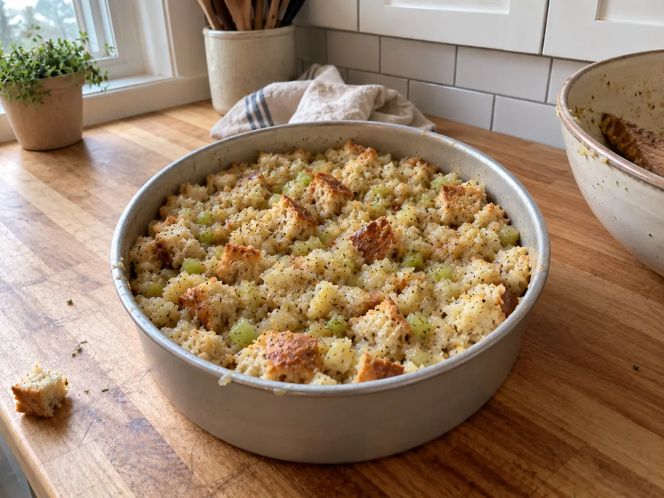 Stuffing packed into a pan for the air fryer