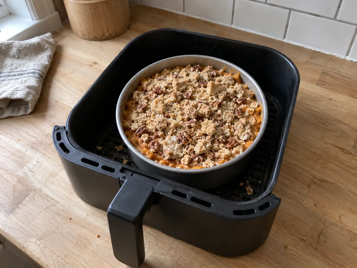 Sweet potato casserole pan in the air fryer basket