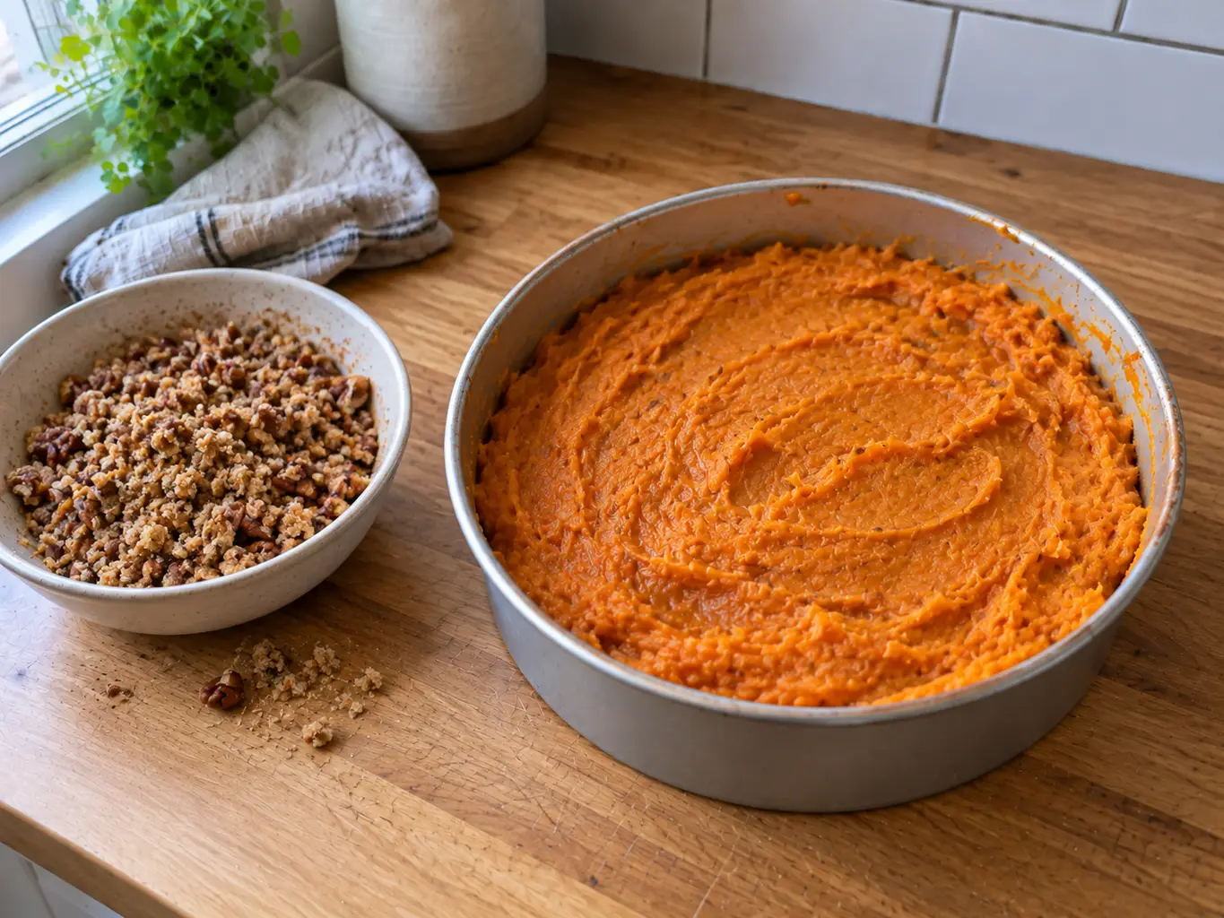 Sweet potato casserole topped with pecan streusel