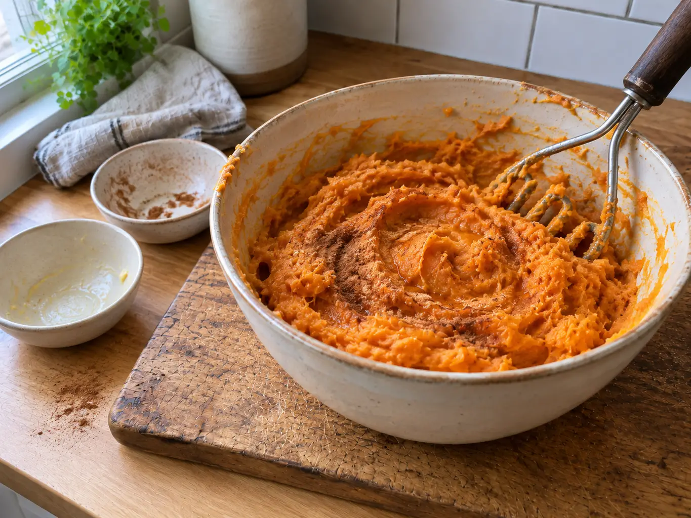 Roasted sweet potato flesh mashed smooth with butter