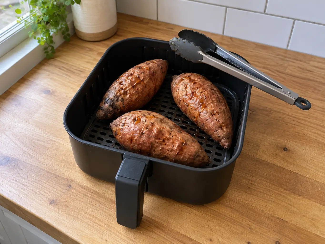 Sweet potatoes roasting in the air fryer basket
