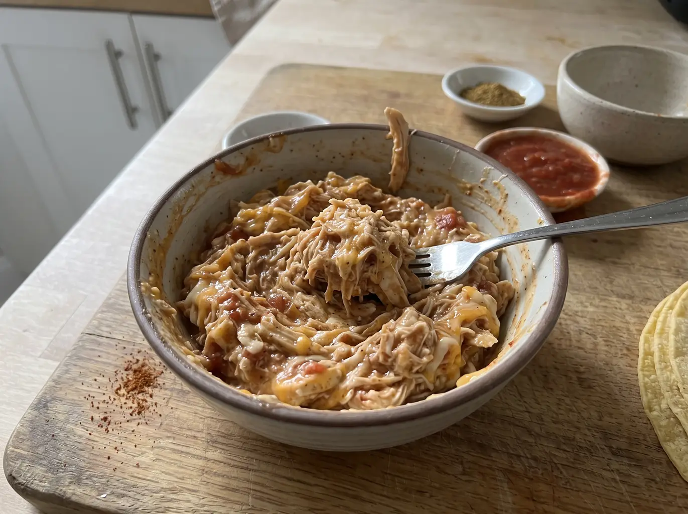 Homemade taquito filling mixed in a bowl
